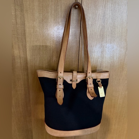 Dooney & Bourke Handbags - Dooney & Bourke Vintage Black Canvas & Natural Vacchetta Leather Tote